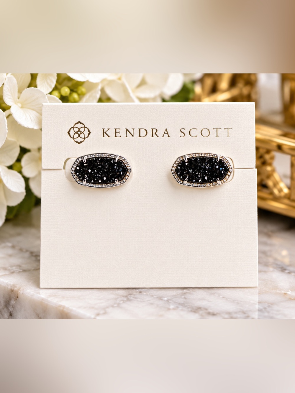 Kendra Scott Black Druzy Silver Tone Oval Stud Earrings